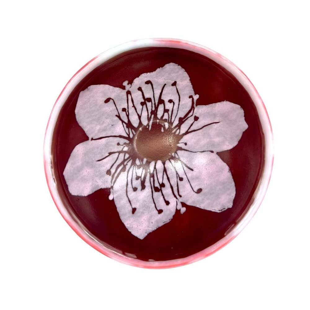 Kiku Handmade Fused Glass Bowl With Pink Cherry Blossom Design 5"Diameter - Picture 3 of 7